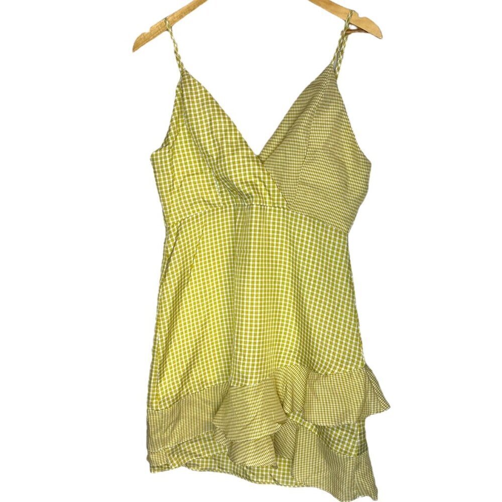 Wild Honey Women's L Ruffled Gingham‎ Plaid Mini Dress Yellow Preppy Coquette